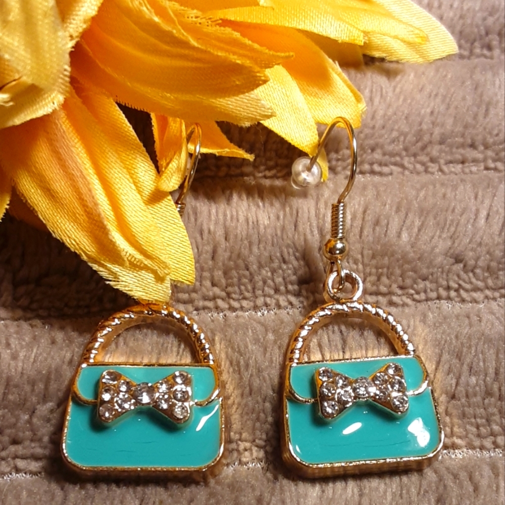 Handmade Teal Enamel Purse With Rhinestone Bow